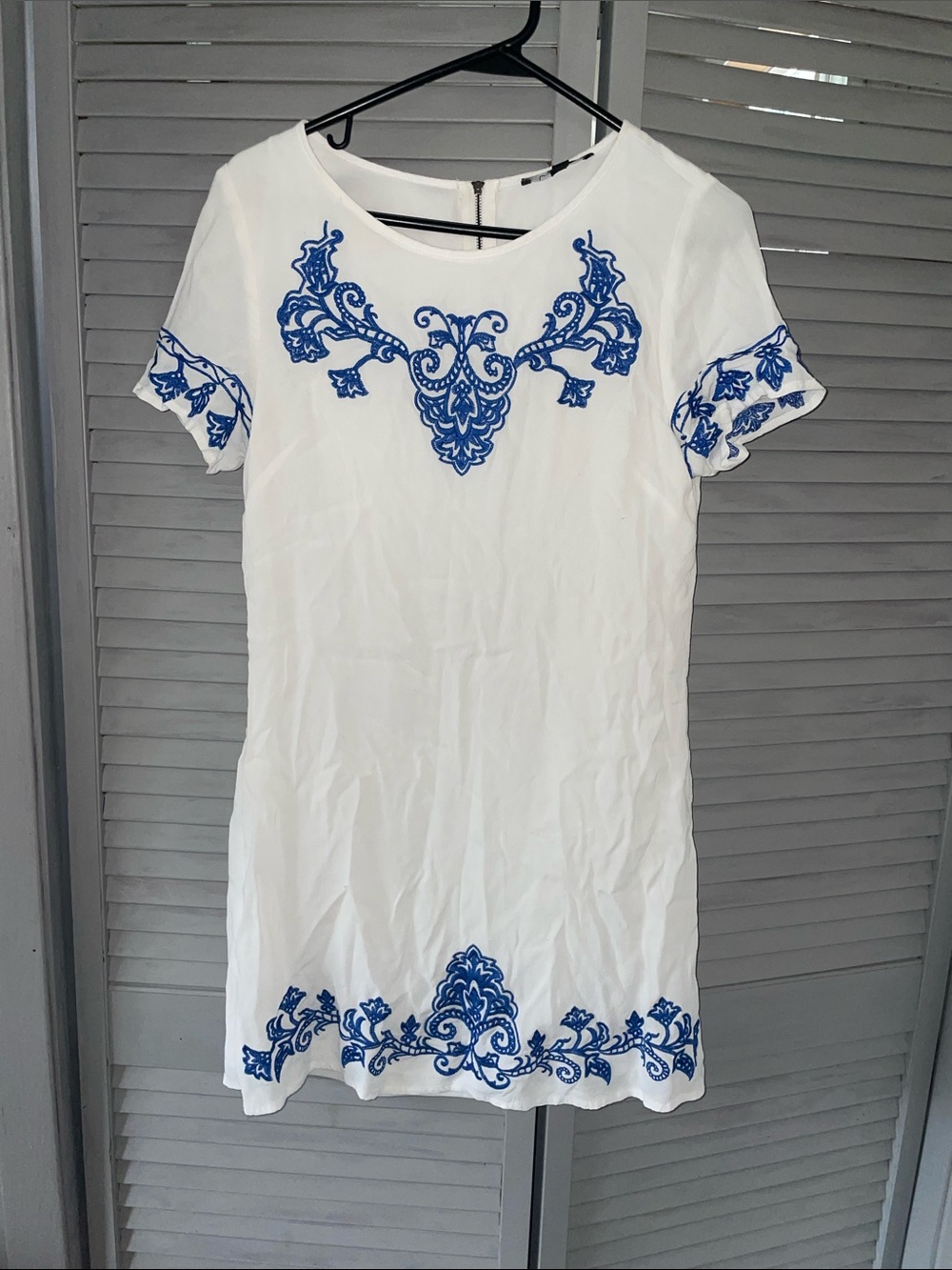 White Shift Dress with Blue Embroidered Details
